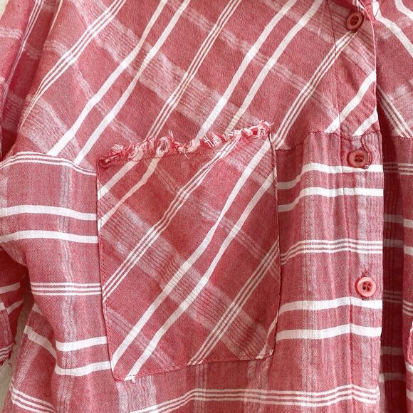 UMGEE Southern Bohemian Gingham Oversized Shirt Fringed Red White Women's L - Picture 3 of 10